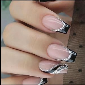 24 Piece Black & Glitter French Tip Press on Nails